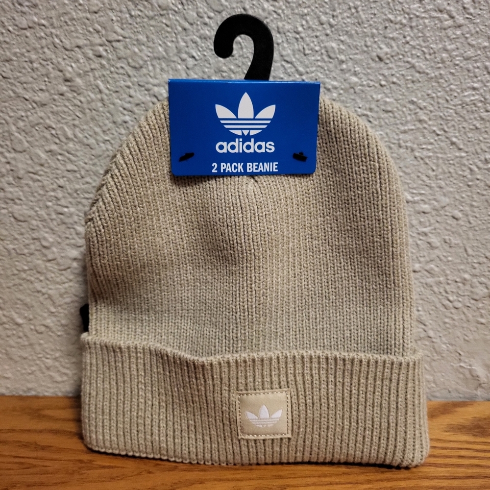 NWT Adidas Two Pack Knit Trefoil Beanies - Tan & Black